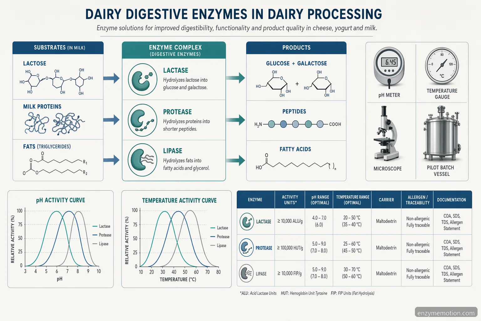 dairy digestive enzymes specification diagram maps substrates to products with pH, temperature, and validation data