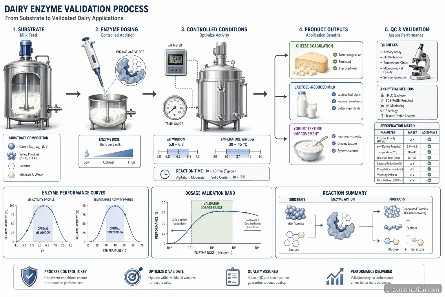 dairy enzymes for cheese, yogurt, and milk processing workflow showing milk substrates, pH, temperature, and dosage validation
