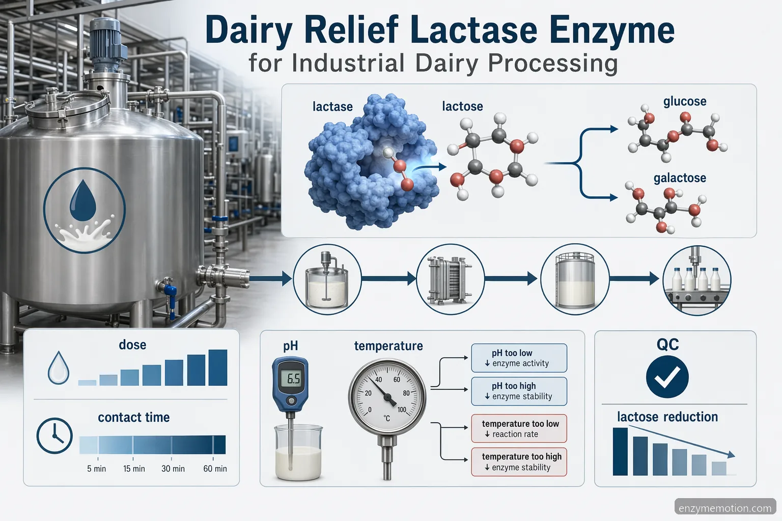 Dairy relief lactase enzyme, industrielle Dairy-Verarbeitungsinfografik mit Dosierung, pH, Temperatur und QC-Prüfpunkten