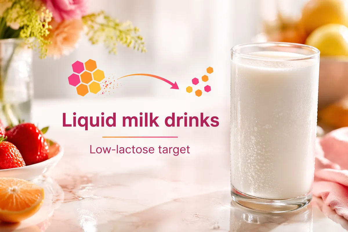 Glass of liquid milk drink, the product type where lactase treatment is used to reach a low-lactose target
