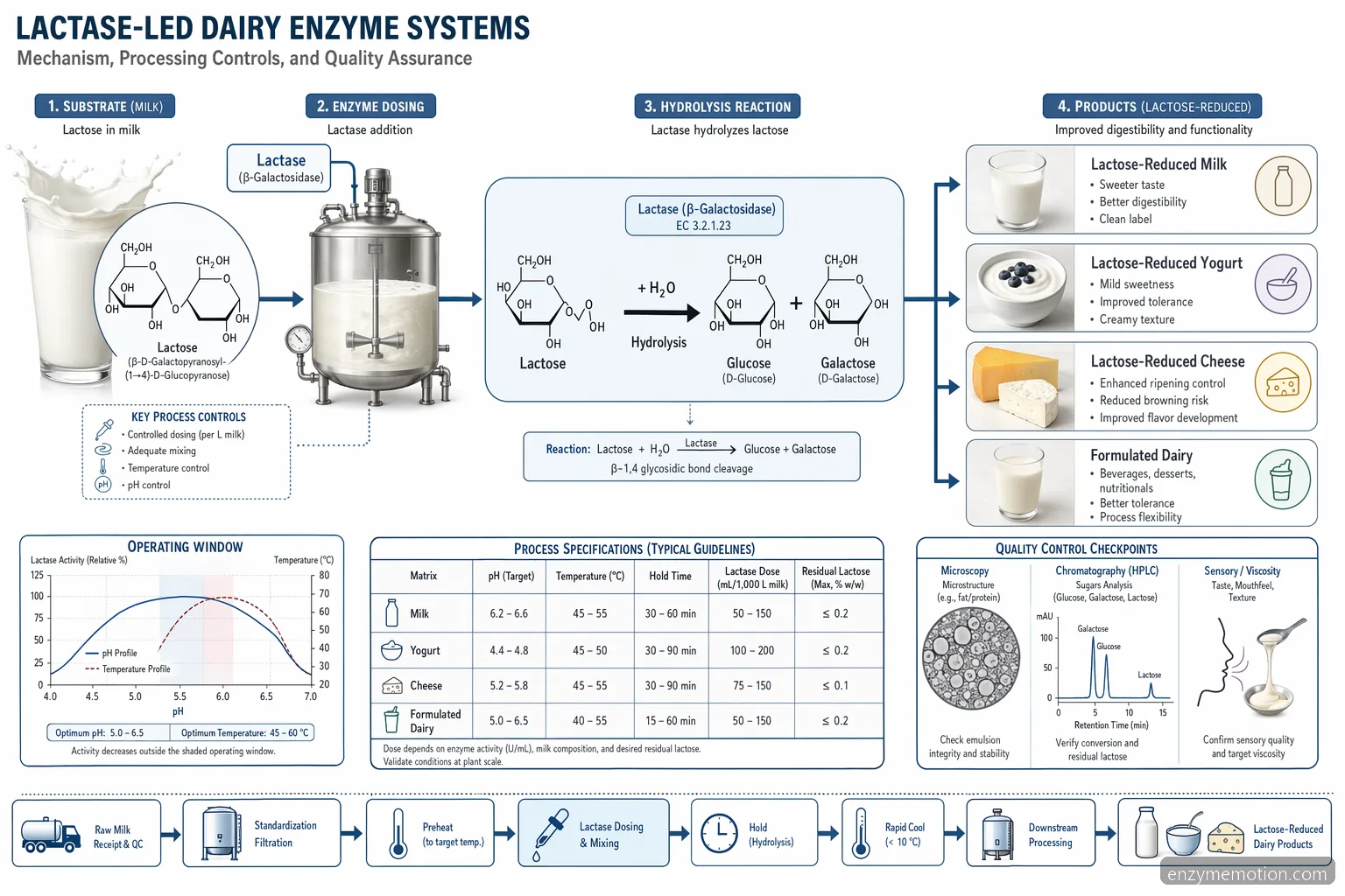 digestive enzymes for dairy intolerance process diagram: lactase splits lactose with pH, temperature and dose controls