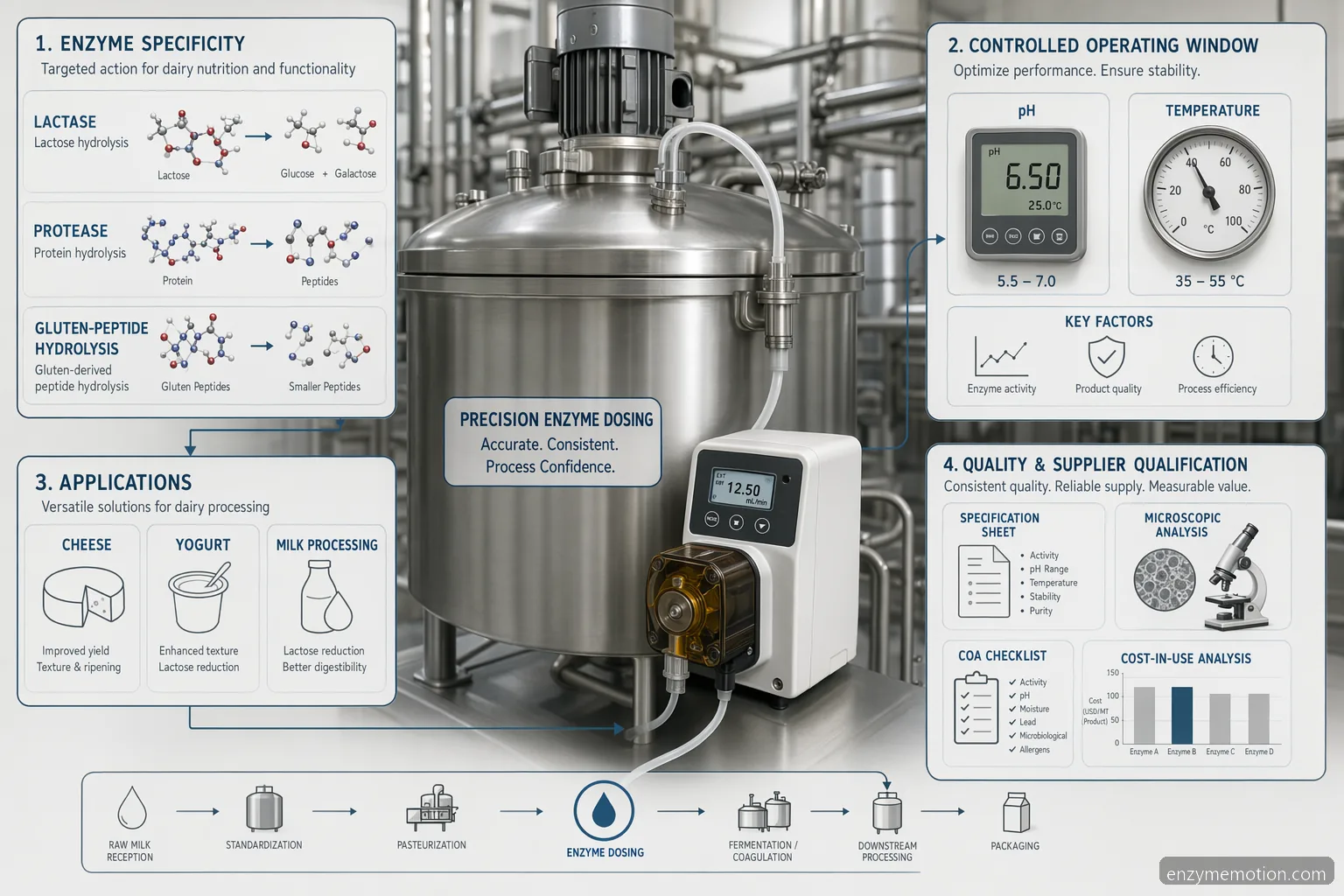 digestive enzymes for gluten and dairy industrial guidance, showing dosage, pH, applications, QC, and cost-in-use
