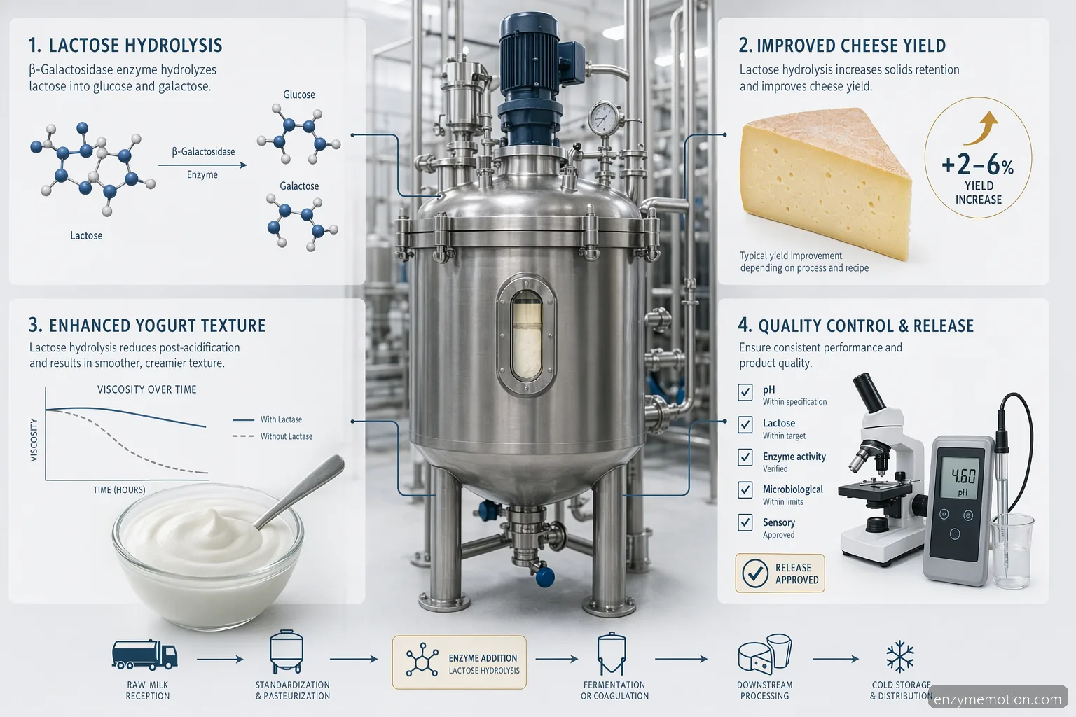 gluten dairy enzymes formulation overview with lactose hydrolysis, cheese yield, texture control, and QC icons