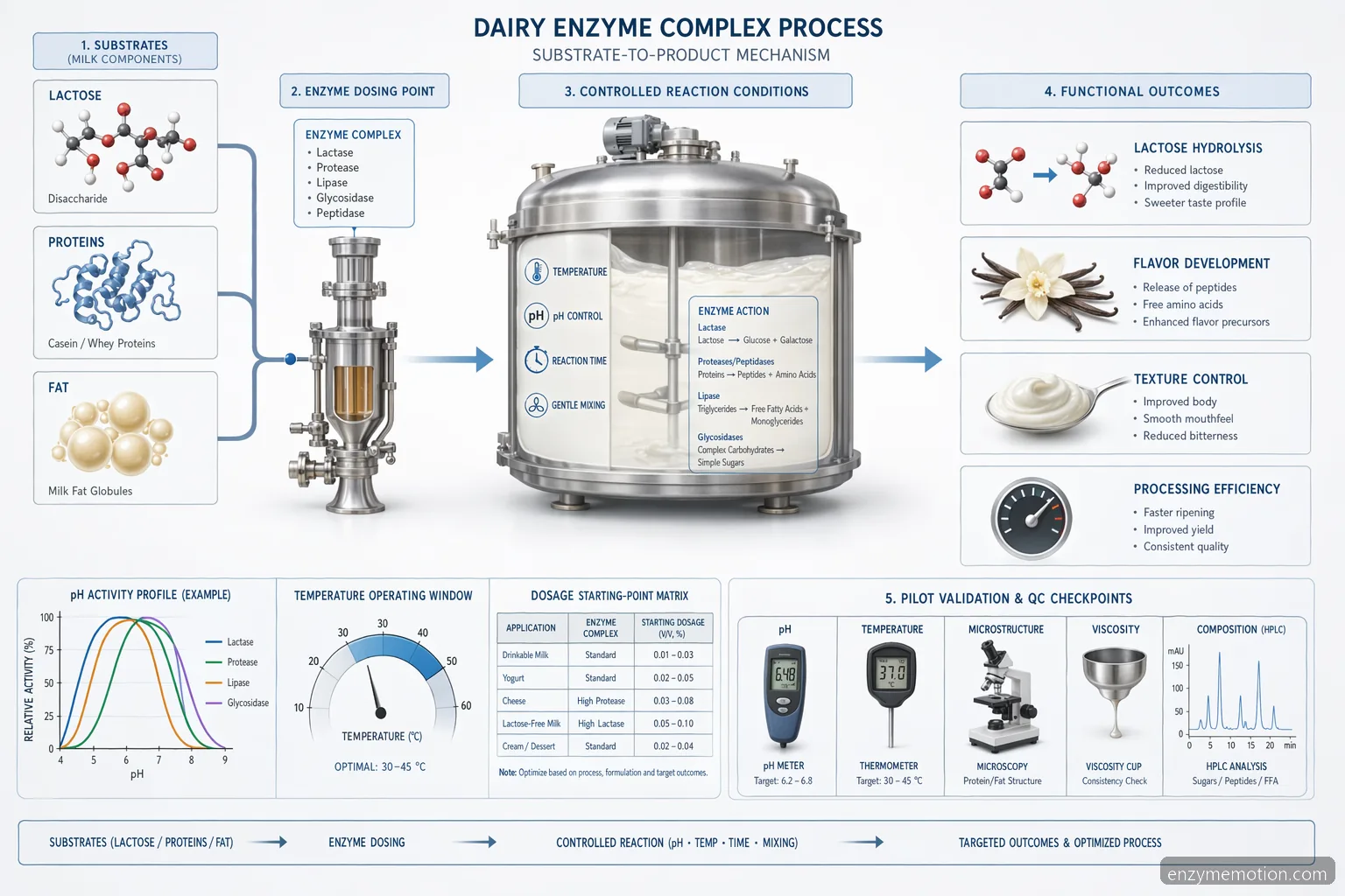 gluten dairy ultra enzyme process conditions, pH and temperature curves guide dosage and pilot validation