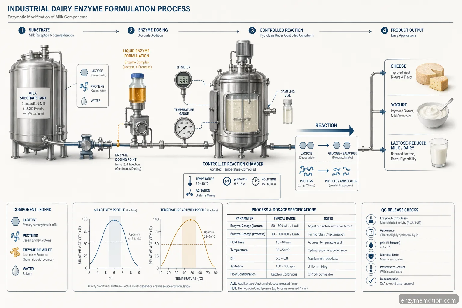 Procesdiagram for pure encapsulations gluten dairy enzymes med pH, temperatur, dosering og konvertering af mælkesubstrat