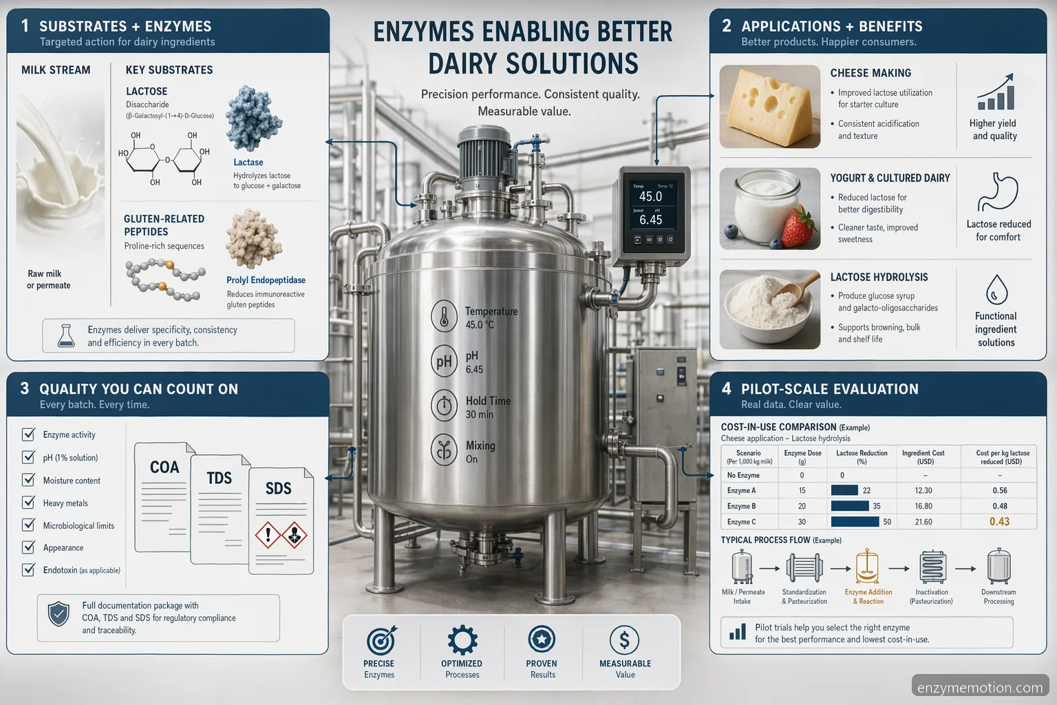 Industriel mejeriguide til pure encapsulations gluten dairy enzymes med enzymfunktioner, QC-tjek og pilotvalidering